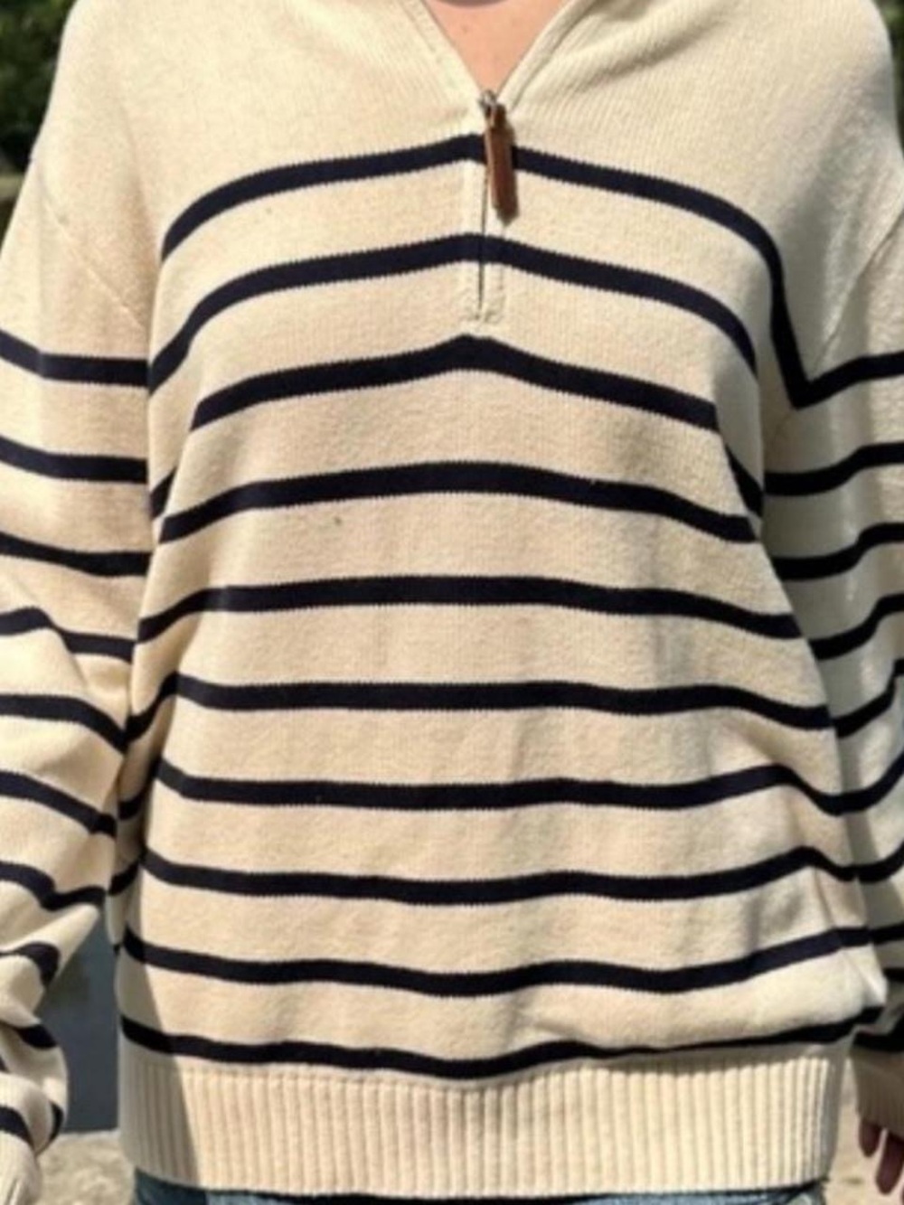 Brandy Melville Cream and Navy Striped Zip-Up Sweater